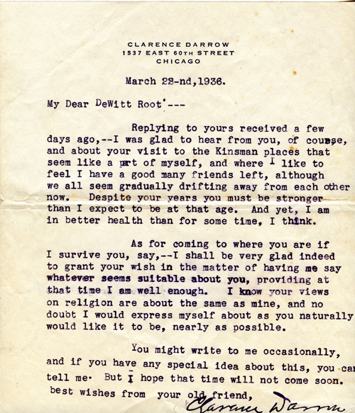 Clarence Darrow to DeWitt Root, Mar 22, 1936