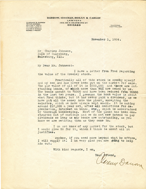 Clarence Darrow to Charles Johnson, November 1, 1924