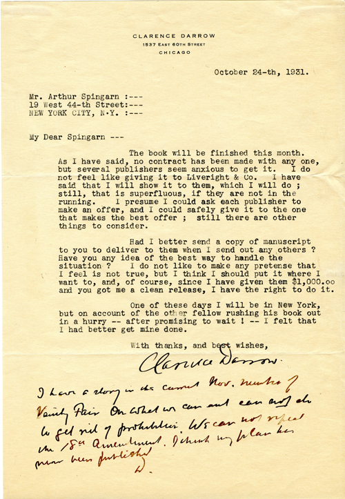 Clarence Darrow to Arthur Spingarn, Oct 24, 1931