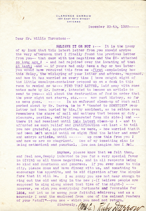 Ruby Darrow to Willis Thornton, Dec 30, 1933