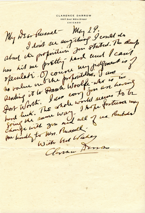 Clarence Darrow to J.H Russell, May 29, ????