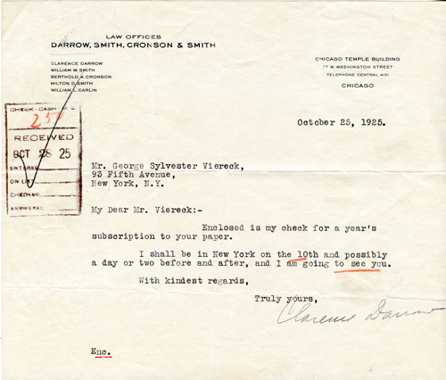 Clarence Darrow to George Sylvester Viereck, October 25, 1925