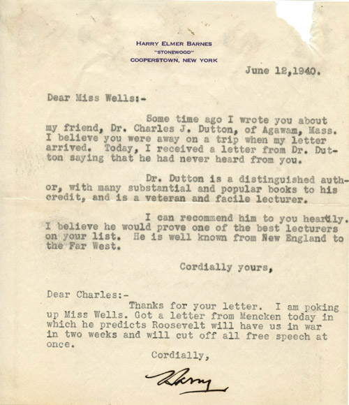 Image 1 of letter from  Harry Elmer Barnes to   Charles J. Dutton