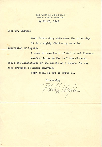Image 1 of letter from  Philip Wylie to   Charles J. Dutton