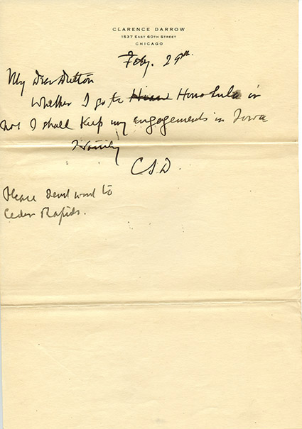 Image 1 of letter from   Clarence Darrow to   Charles J. Dutton