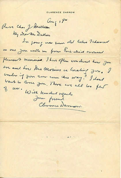Image 1 of letter from   Clarence Darrow to   Charles J. Dutton