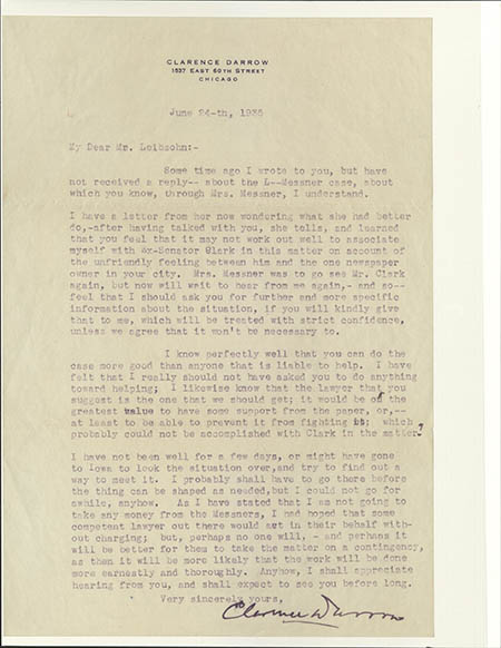 Image 1 of letter from   Clarence Darrow to   Philip Leibsohn