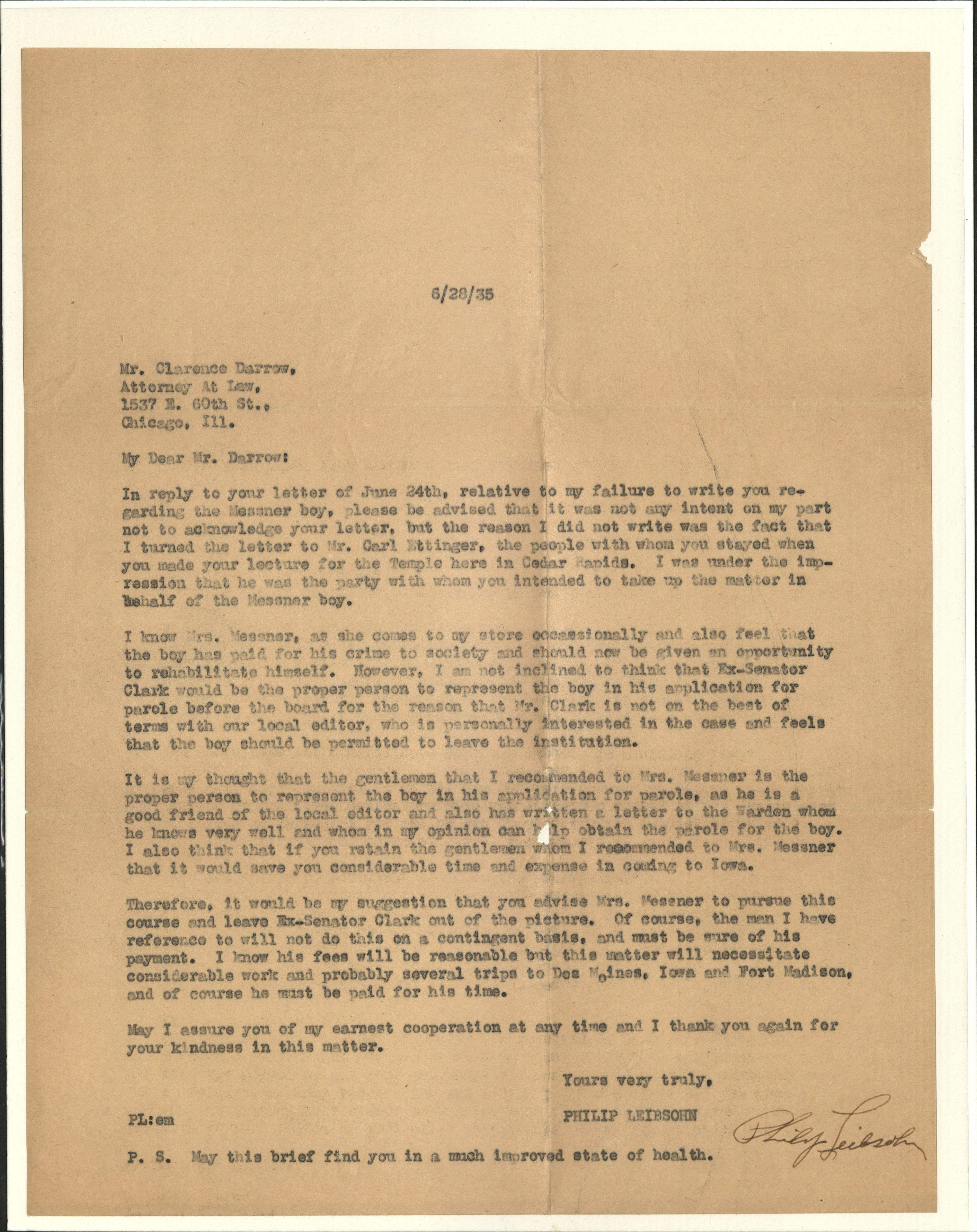 Image 1 of letter from   Philip Leibsohn to   Clarence Darrow