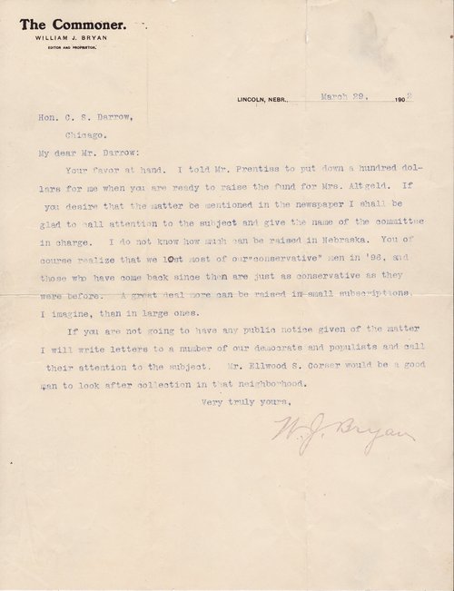 William Jennings Bryan to Clarence Darrow, March 29, 1902