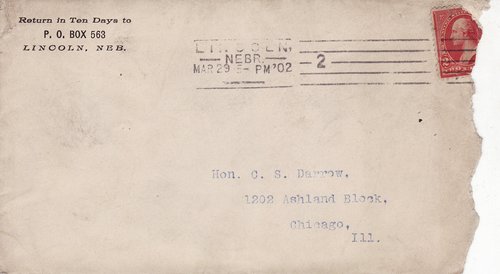 William Jennings Bryan to Clarence Darrow, March 29, 1902, envelope