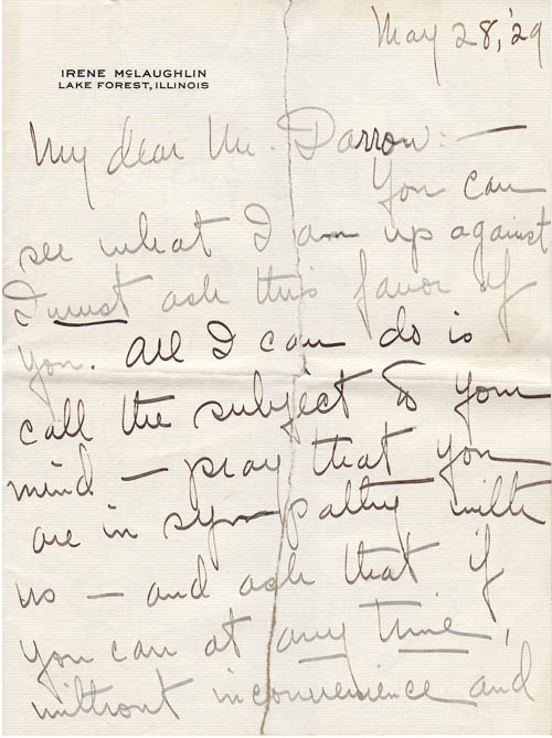 Irene C. McLaughlin to Clarence Darrow, May 28, 1929, page one