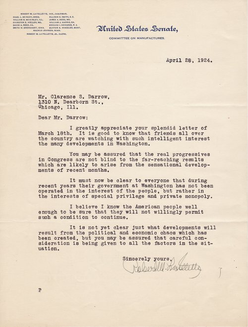 Robert M. La Follette to Clarence Darrow, April 28, 1924