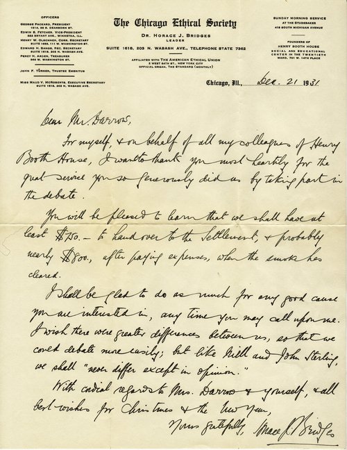 Dr. Horace J. Bridges to Clarence Darrow, December 21, 1931, page one