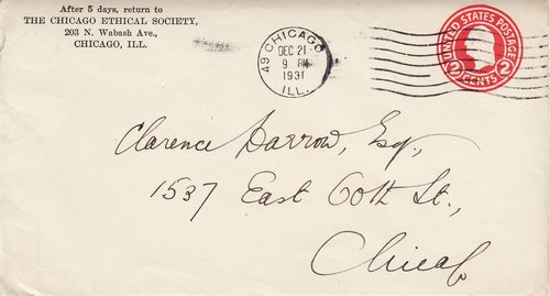 Dr. Horace J. Bridges to Clarence Darrow, December 21, 1931, envelope