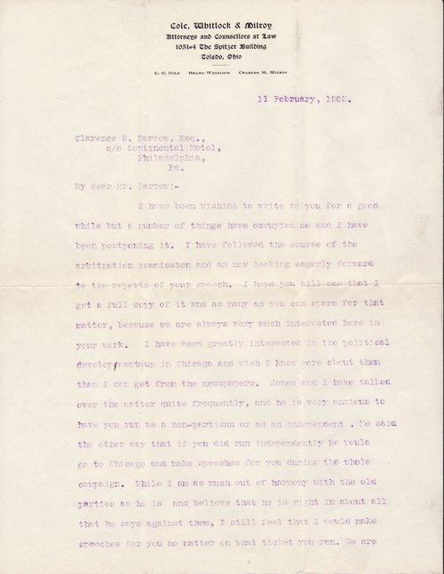 Brand Whitlock to Clarence Darrow, February 11, 1903, page one