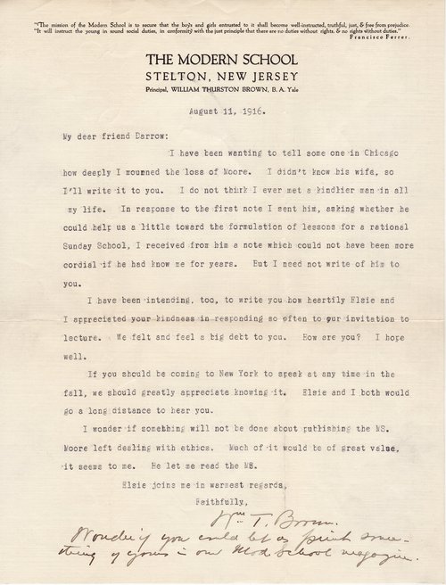 William Thurston Brown to Clarence Darrow, August 11, 1916