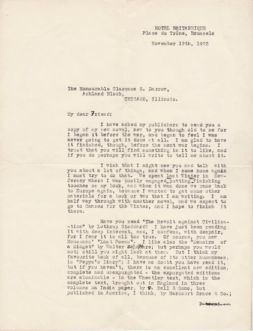 Brand Whitlock to Clarence Darrow, November 19, 1923, page one