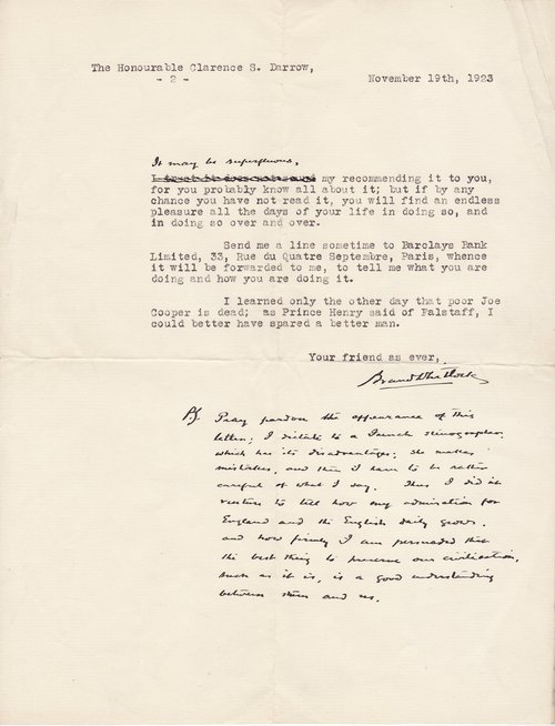 Brand Whitlock to Clarence Darrow, November 19, 1923, page two
