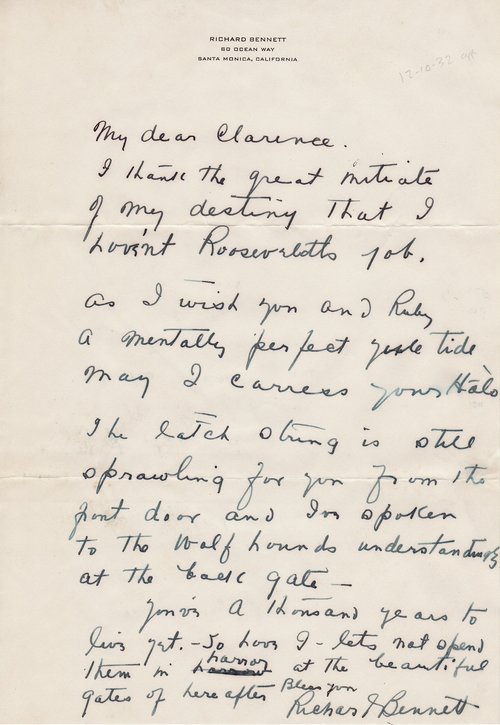 Richard Bennett to Clarence Darrow, December 10, 1932