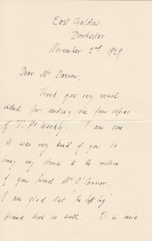 Theodore Francis Powys to Clarence Darrow, November 2, 1929, page one