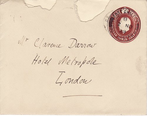Theodore Francis Powys to Clarence Darrow, November 2, 1929, envelope front