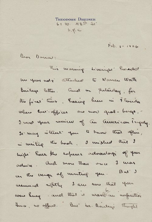 Theodore Dreiser to Clarence Darrow, February 1, 1926, page one