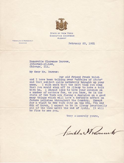 Franklin D. Roosevelt to Clarence Darrow, February 23, 1931