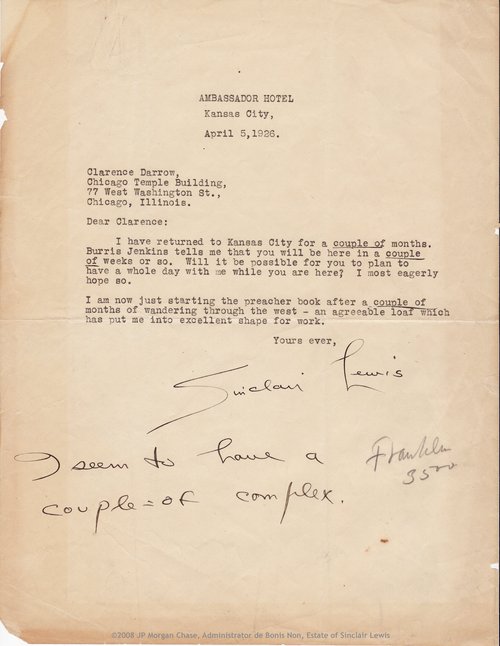Sinclair Lewis to Clarence Darrow, April 5, 1926