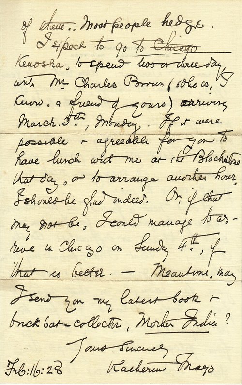 Katherine Mayo to Clarence Darrow, February 16, 1928, page two