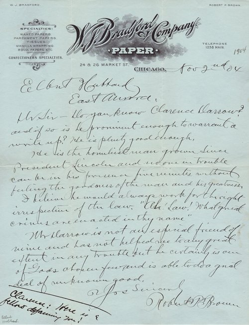Elbert Hubbard to Clarence Darrow, November 2, 1904, letter resent with note.