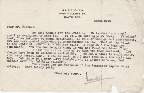 H. L. Mencken to Clarence Darrow, March 20, 1926