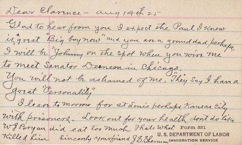 J. S. Sherman to Clarence Darrow, August 14, 1925