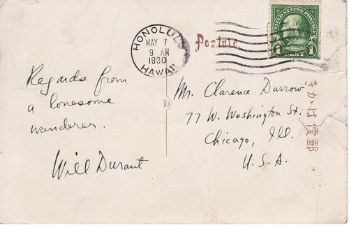 Will Durant to Clarence Darrow, May 7, 1930 postcard back