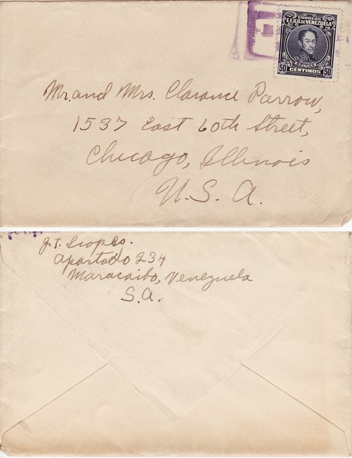 John Thomas Scopes to Clarence Darrow, February 14, 1927, envelope