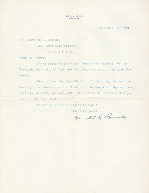 Harold McCormick to Clarence Darrow, December 13, 1924