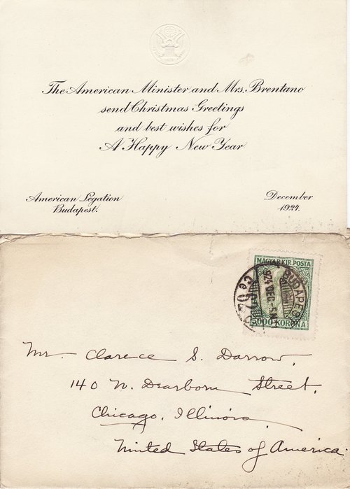Theodore Brentano to Clarence Darrow, December 5, 1924, card and envelope