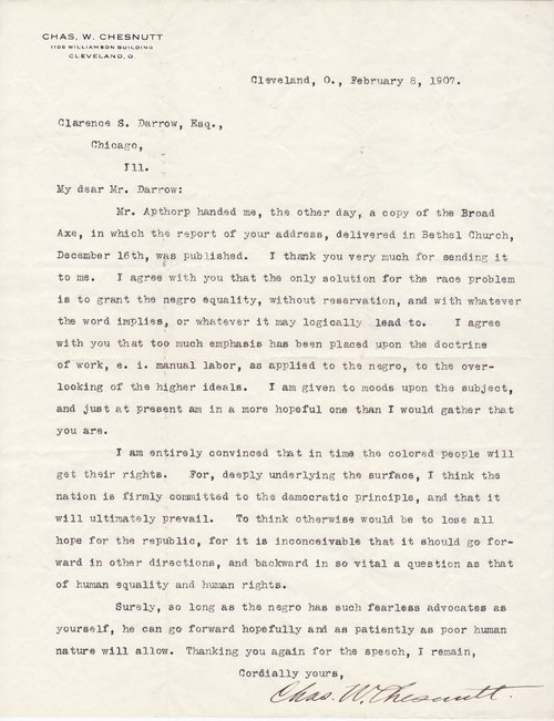 Charles W. Chesnutt to Clarence Darrow, February 8, 1907
