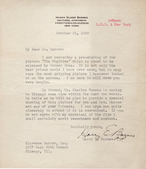 Harry E. Barnes to Clarence Darrow, October 31, 1932