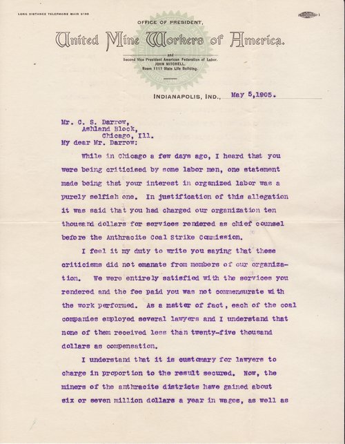 John Mitchell to Clarence Darrow, May 5, 1905, page one