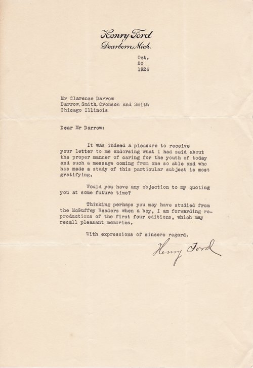 Henry Ford to Clarence Darrow, October 20, 1926