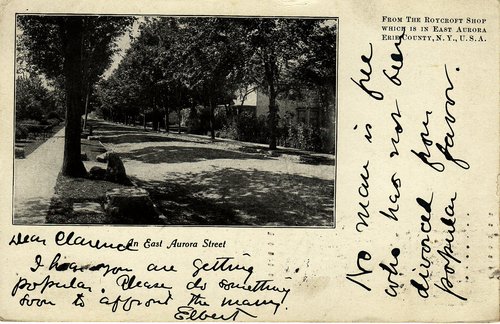 Elbert Hubbard to Clarence Darrow, April 25, 1905, postcard, image of tree lined street with sidewalks.