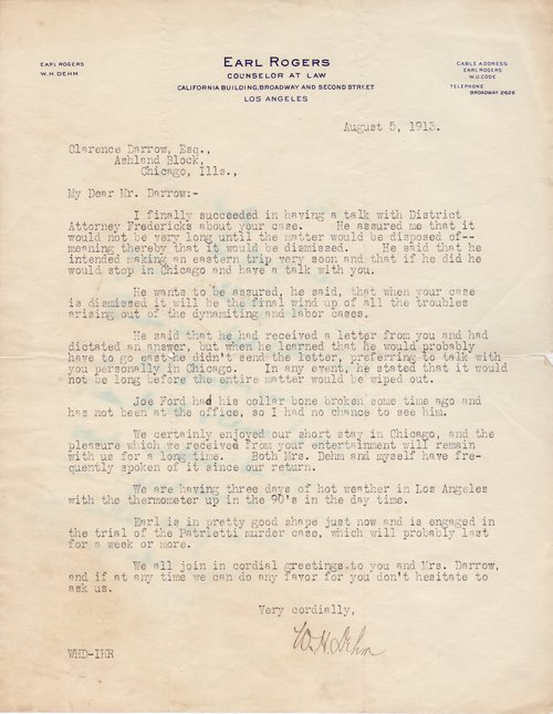 W.H. (Harry) Dehm to Clarence Darrow, August 5, 1913