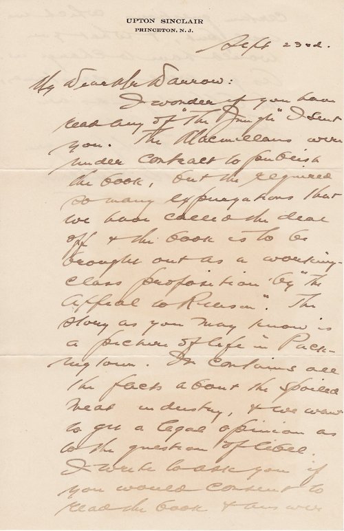 Upton Sinclair to Clarence Darrow, September 23, 1905, page one