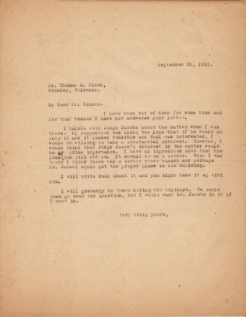 Clarence Darrow to Thomas A. Nixon, September 20, 1923