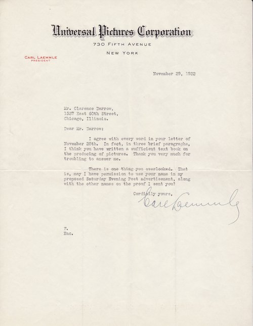 Carl Laemmle to Clarence Darrow, November 29, 1932