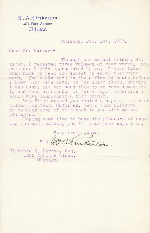 W. A. Pinkerton to Clarence Darrow, February 2, 1907