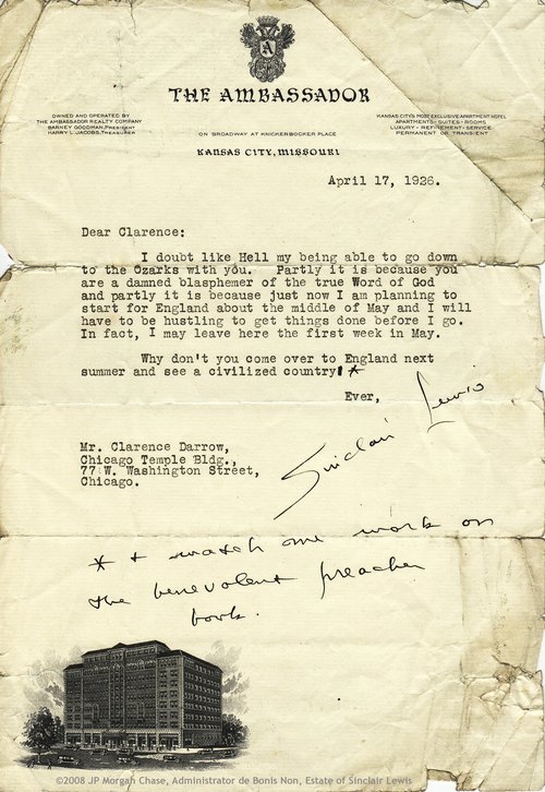 Sinclair Lewis to Clarence Darrow, April 17, 1926