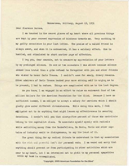 Helen Keller to Clarence Darrow, August 8, 1931, page one