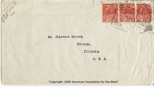 Helen Keller to Clarence Darrow, August 8, 1931, envelope, front