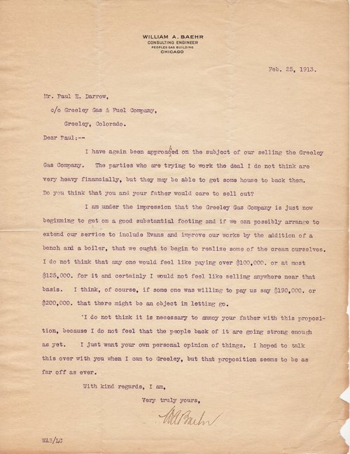 William A. Baehr to Paul Darrow, February 26, 1913